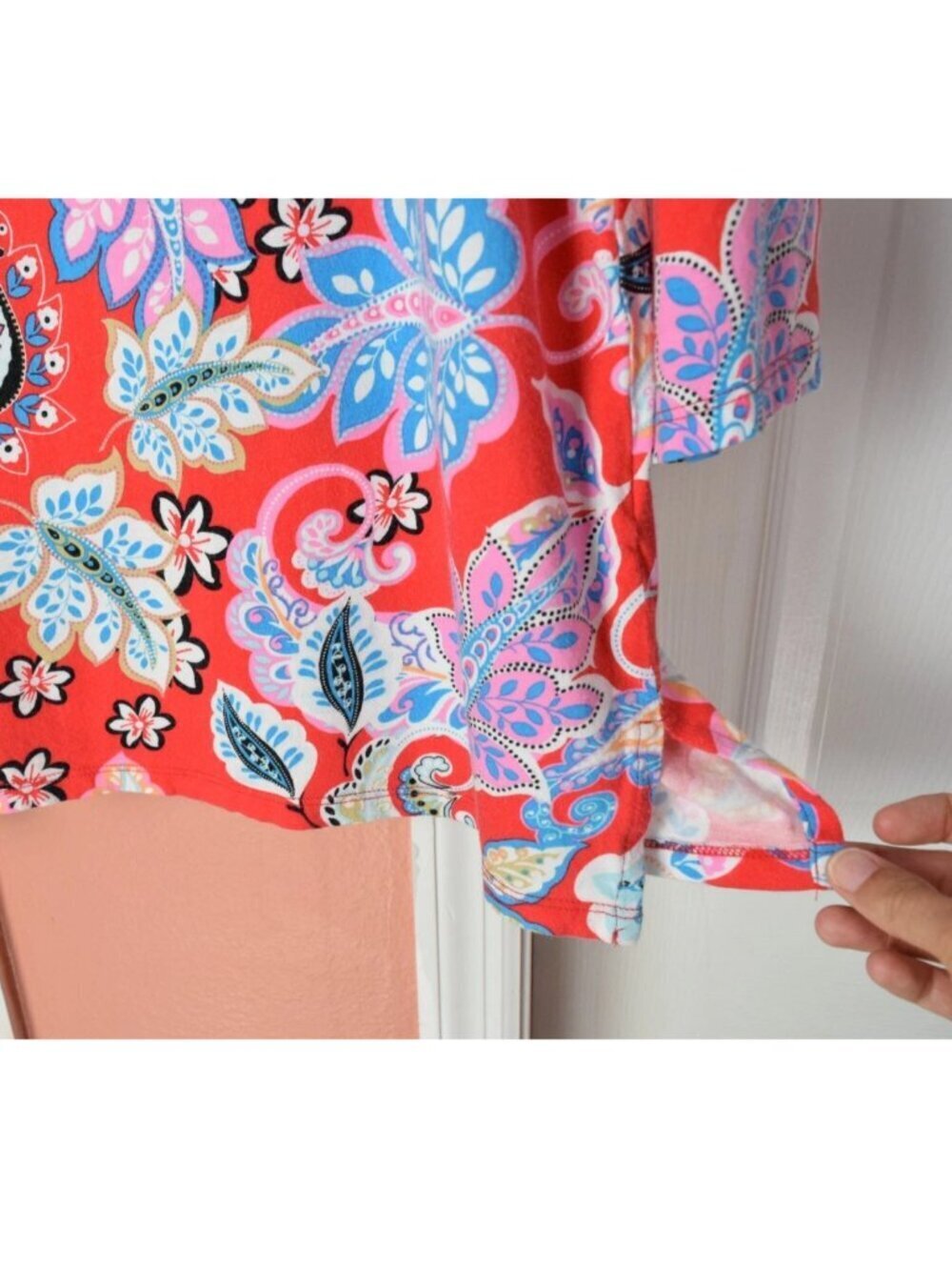 TALBOTS PIMA COTTON BLEND RED PAISLEY FLORAL PRINT CROCHET TUNIC TOP - Picture 6 of 10